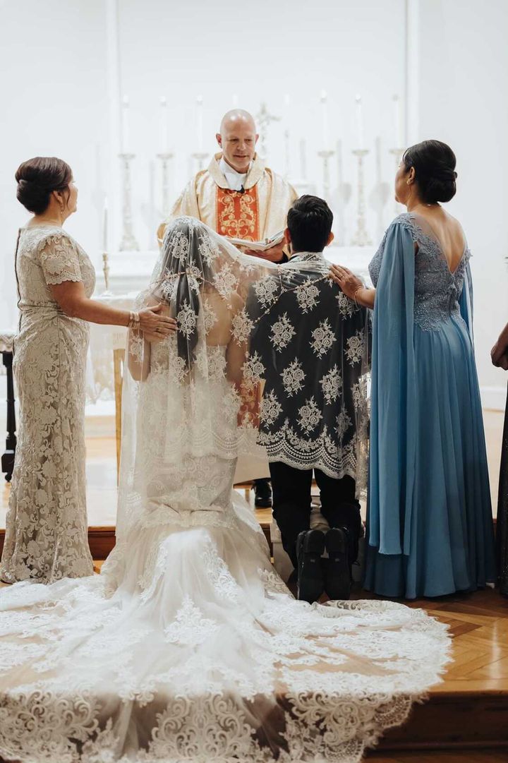 bride and groom rectangular mantilla veil