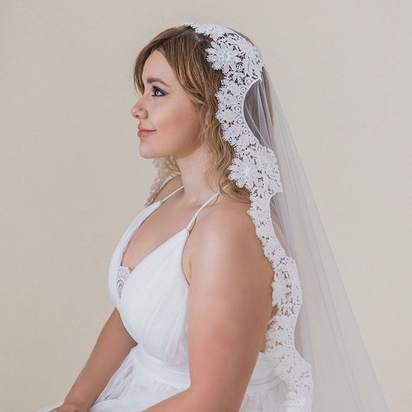 Wedding Veil - Mantilla Lace Trimmed Veil with Headband - Style #709