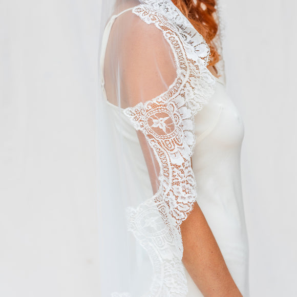 Wedding Veil - Mantilla Lace Trimmed Veil with Headband - Style #709