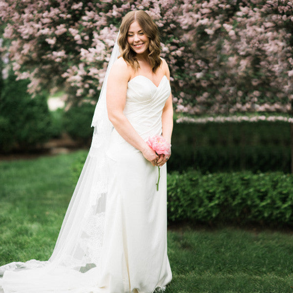 spanish lace cathedral veil blusher pulled back