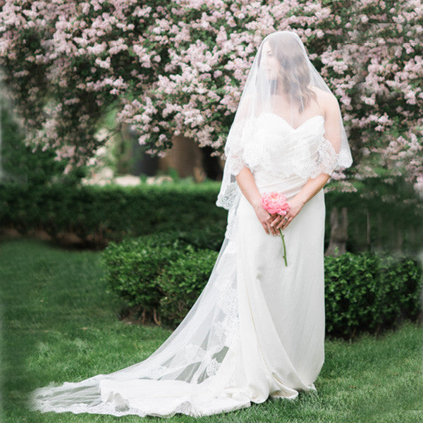 One Blushing Bride Fingertip Length Mantilla Wedding Veil with Beaded Lace Trim White / Fingertip 35-38 inch / No Beading