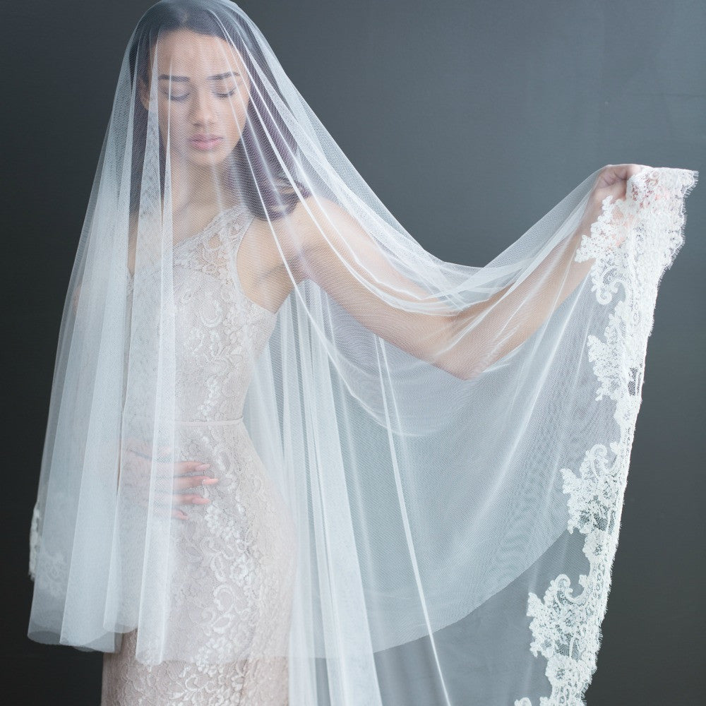 Alencon Lace Edge Cathedral Tulle Ivory Wedding Veil, Simple Long