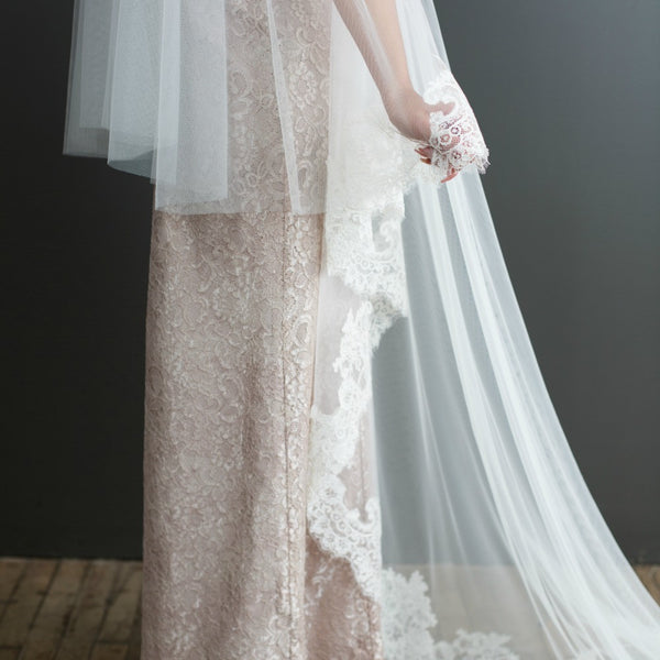 bottom view of half-lace mantilla veil with blusher
