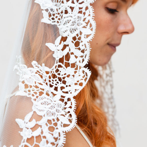 Wedding Veil - Mantilla Lace Trimmed Veil with Headband - Style #709